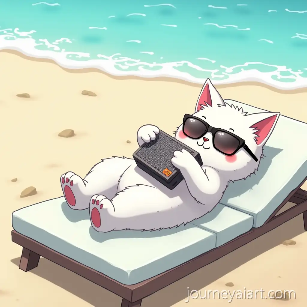 White-Cat-RelaxingAI-Image-Prompt-Expansion-on-a-Beach-Sunbed-Listening-to-Music-in-Cyberpunk-Anime-Style