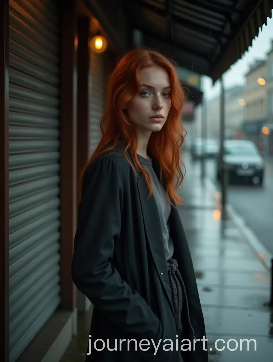 Young-Woman-with-Red-Hair-in-the-Rain-on-a-Quiet-Street