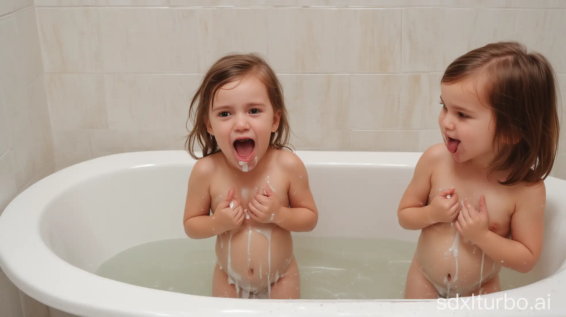 Adorable-Little-Girls-with-Tongue-Out-Playfully-Facing-Each-Other-in-Front-of-Bathtub