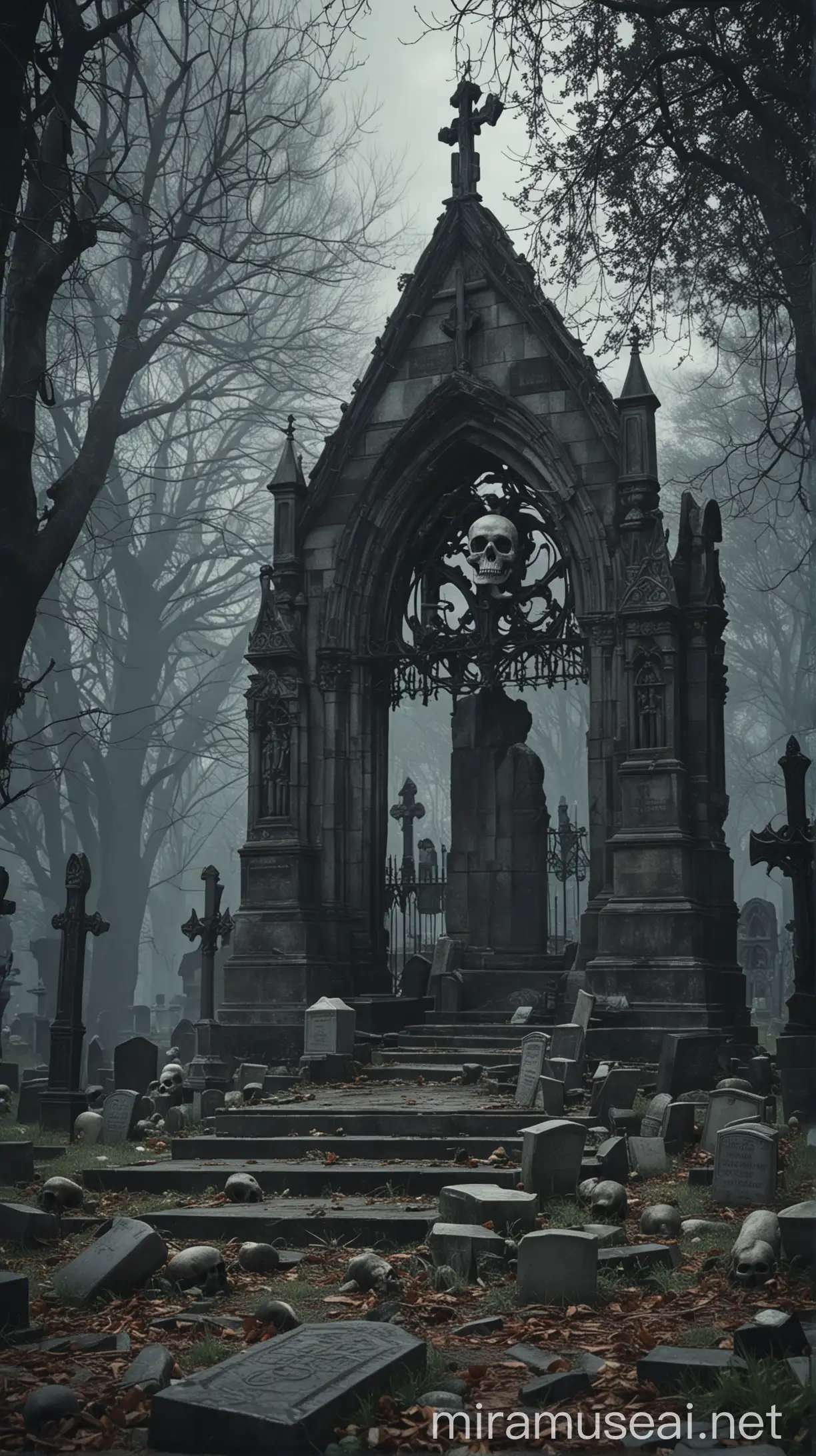 Eerie Gothic Cemetery Tombstones Skulls and Chapels