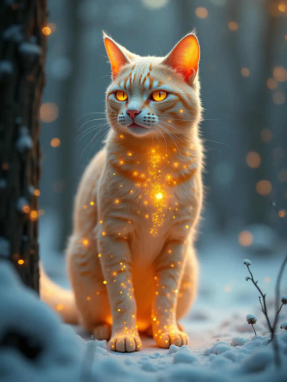 3D rendering, fantasy, close shot, body of a cat made from ornate gold opal material, dynamic posture, cat in the forest, fantasy Winter forest made from crystal opal, trending on artstation, sharp focus, studio photo, intricate details, highly detailed, by greg rutkowski