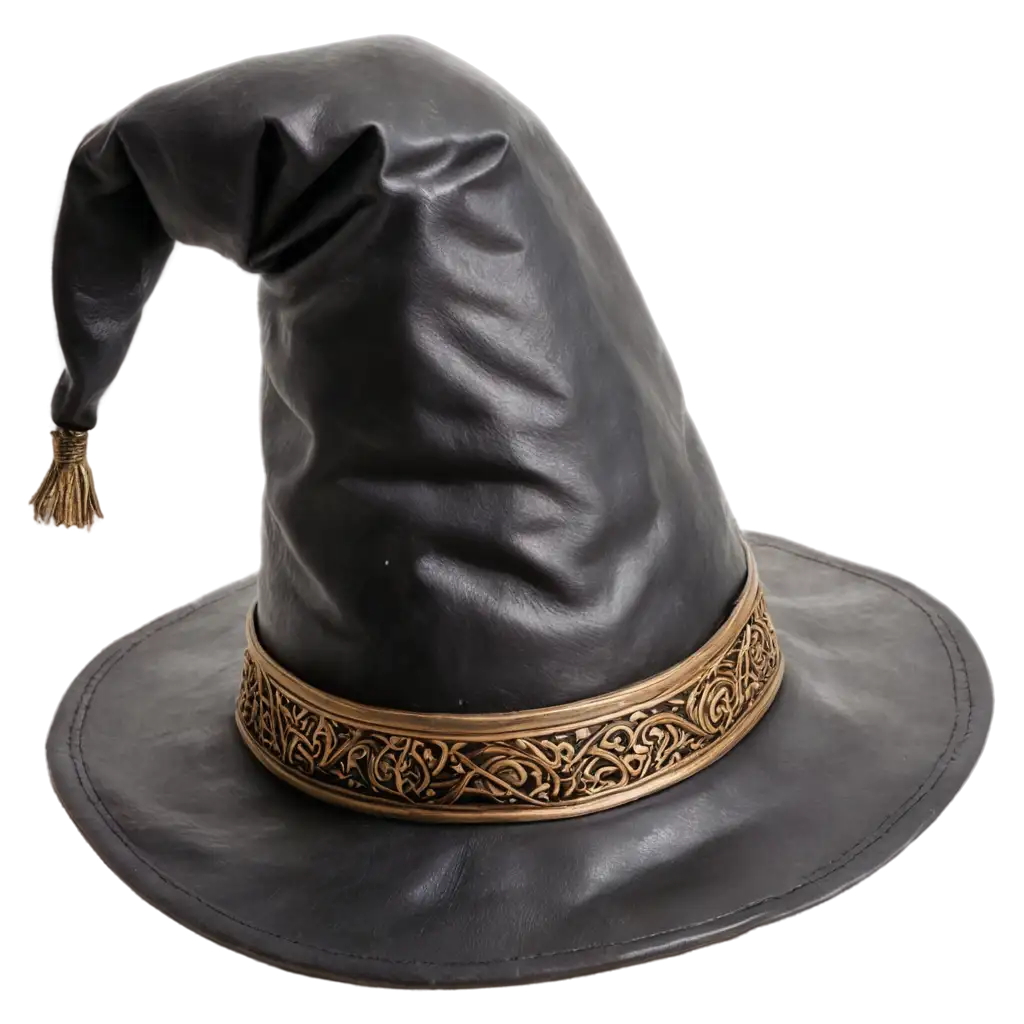 highly detailed dark leather wizard hat, dusty, old hat, cursed hat