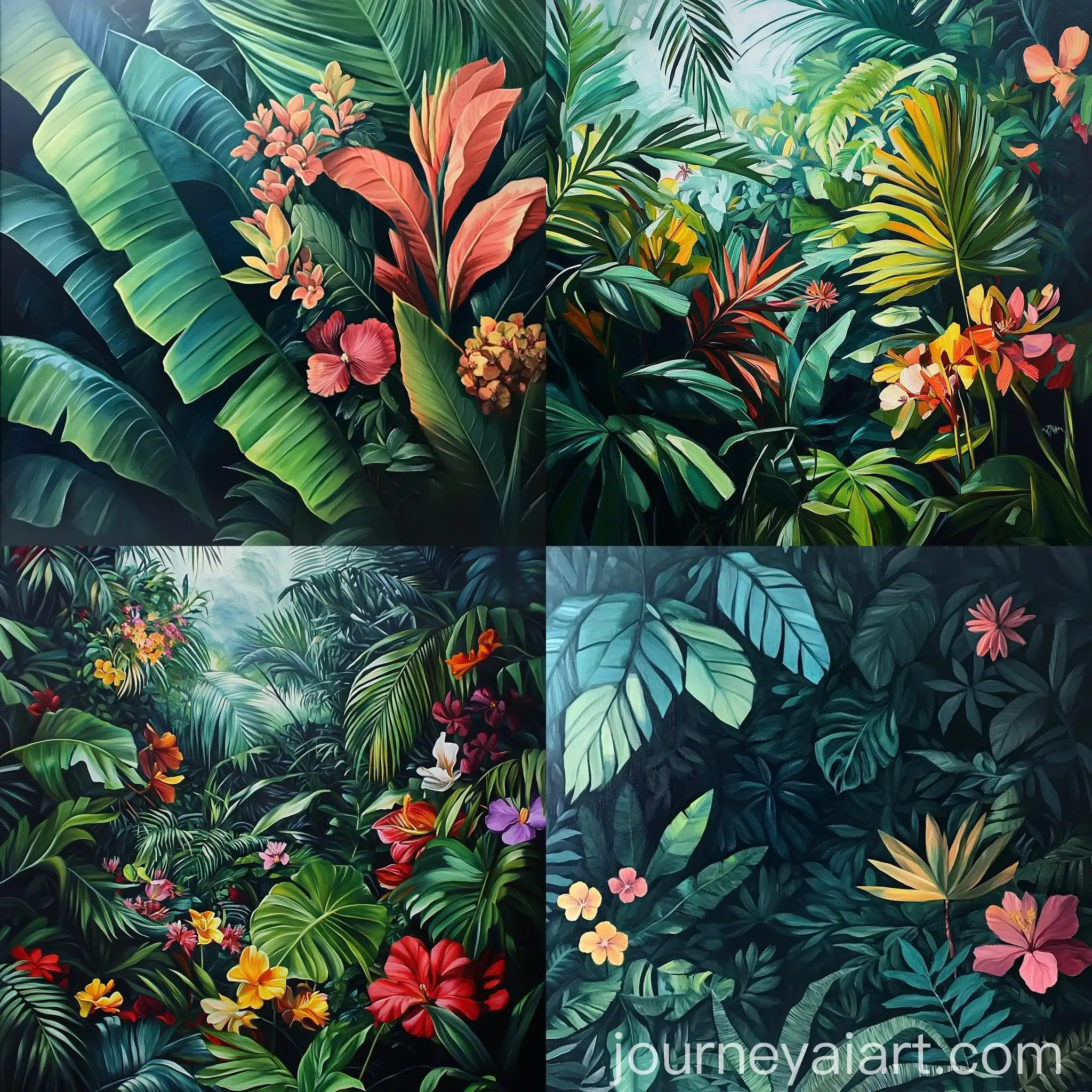 Lush-Botanical-Rainforest-with-Vibrant-Flowers-and-Large-Leaves