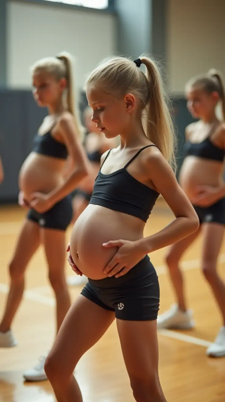 several slender preteen girls practicing a dance routine in a gymnasium. each girl has long blond hair, tied back, and is wearing a matching uniform including spandex short shorts and a strapless spandex top covering a pregnant belly.