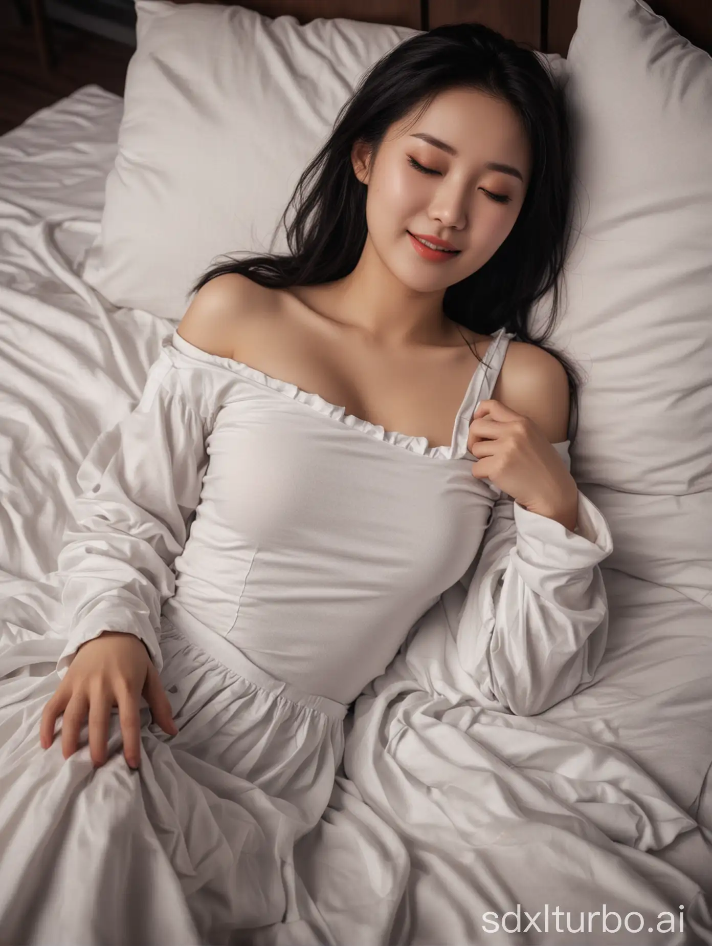 Chinese-Woman-with-Sweet-Smile-in-Winter-Night-Reclining-Pose-Winter-Fashion