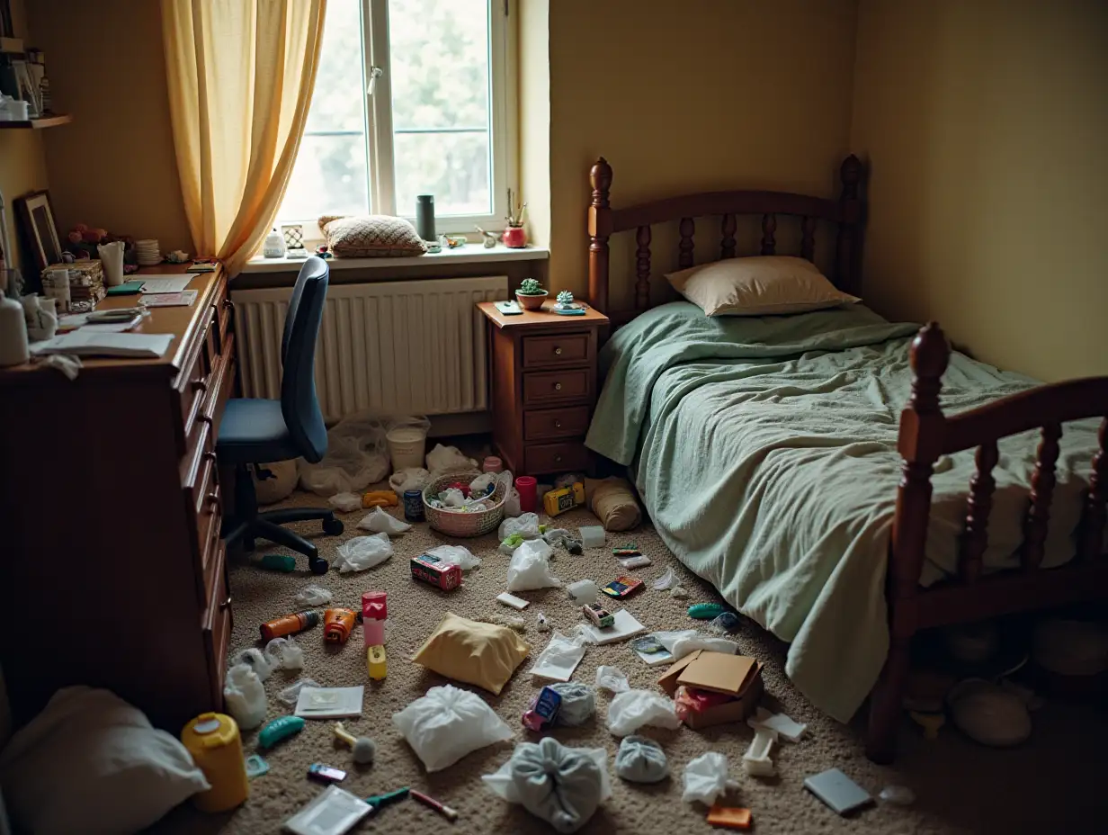 A rented room apartment is filled with messy garbage