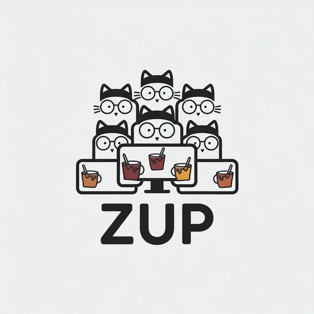 a vector logo design,with the text "Zup", main symbol:4 bright cats programmer with cups of tea and jam,Minimalistic,be used in Ит industry,clear background