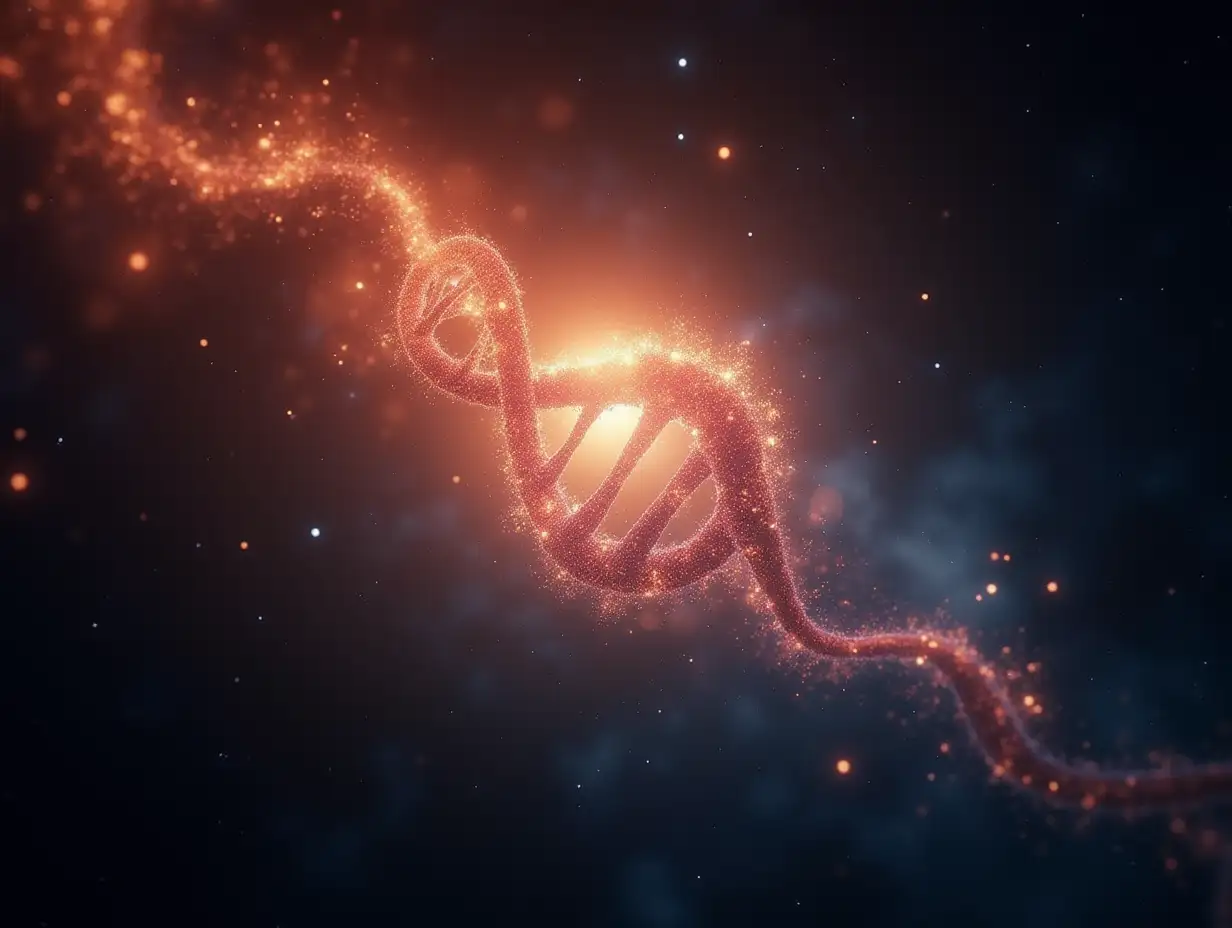 Big bang of the universe, real movie VFX effects, with human DNA double helix in the middle