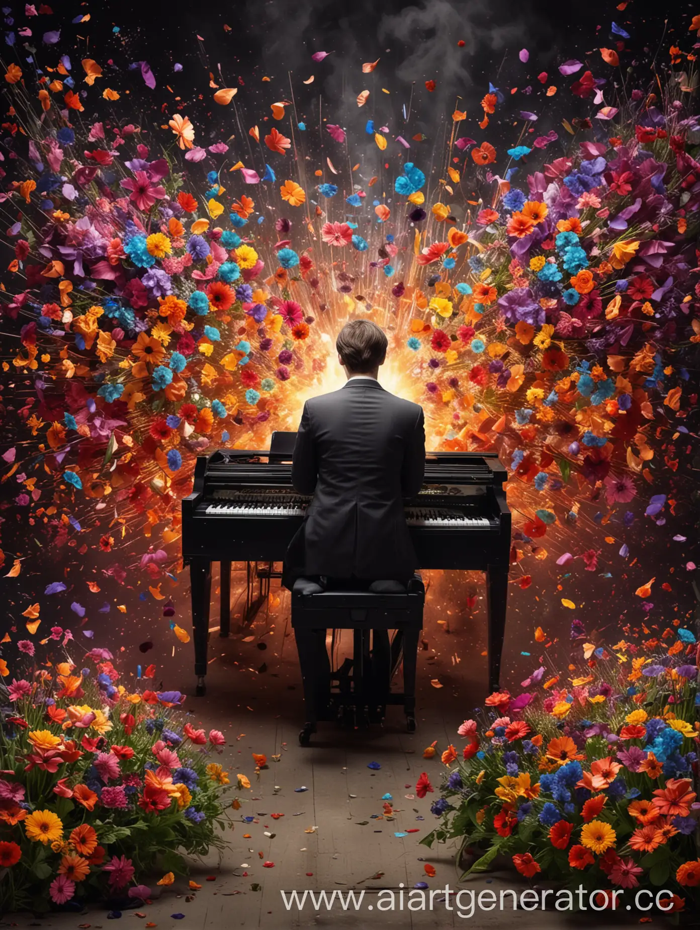 Pianist-Playing-Synthesizer-Surrounded-by-Violins-and-Colorful-Flowers