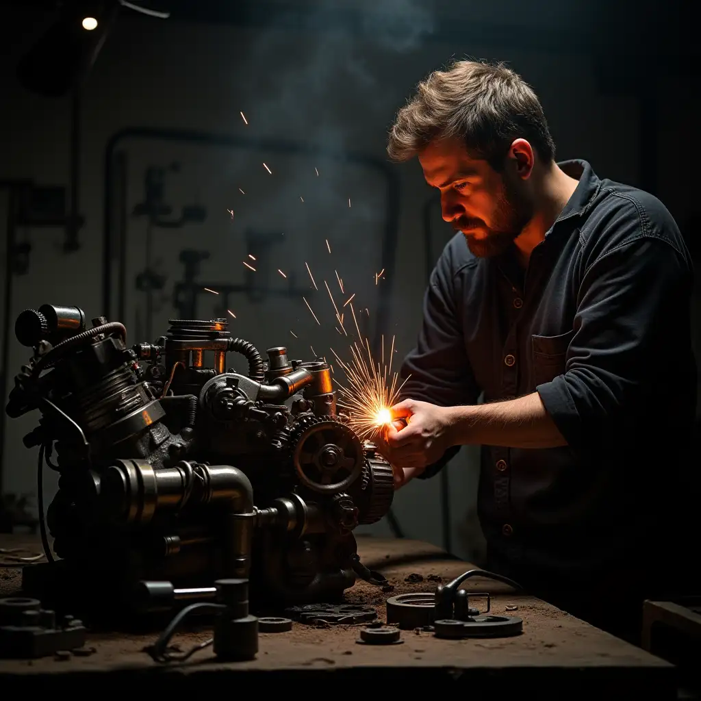 Mechanic-Working-on-Vintage-Engine-in-Dimly-Lit-Workshop