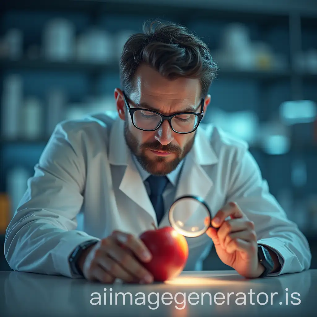 Generate a photorealistic image of a scientist looking at an apple with a magnifying glass in his laboratory