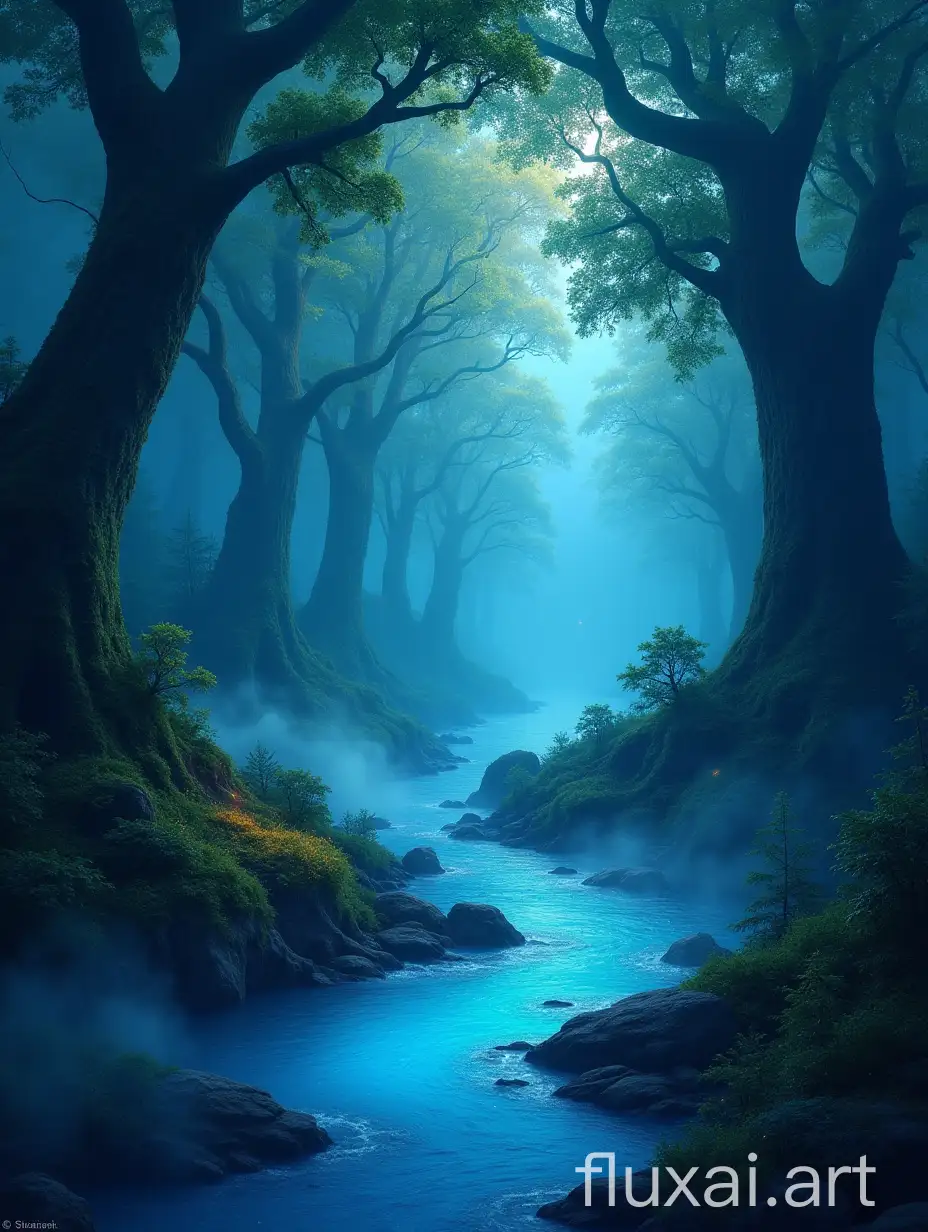 A lush, mystical forest with towering ancient trees, a glowing blue river, and fireflies dancing in the twilight. The scene is bathed in a soft, ethereal light, with fog rolling gently over the ground