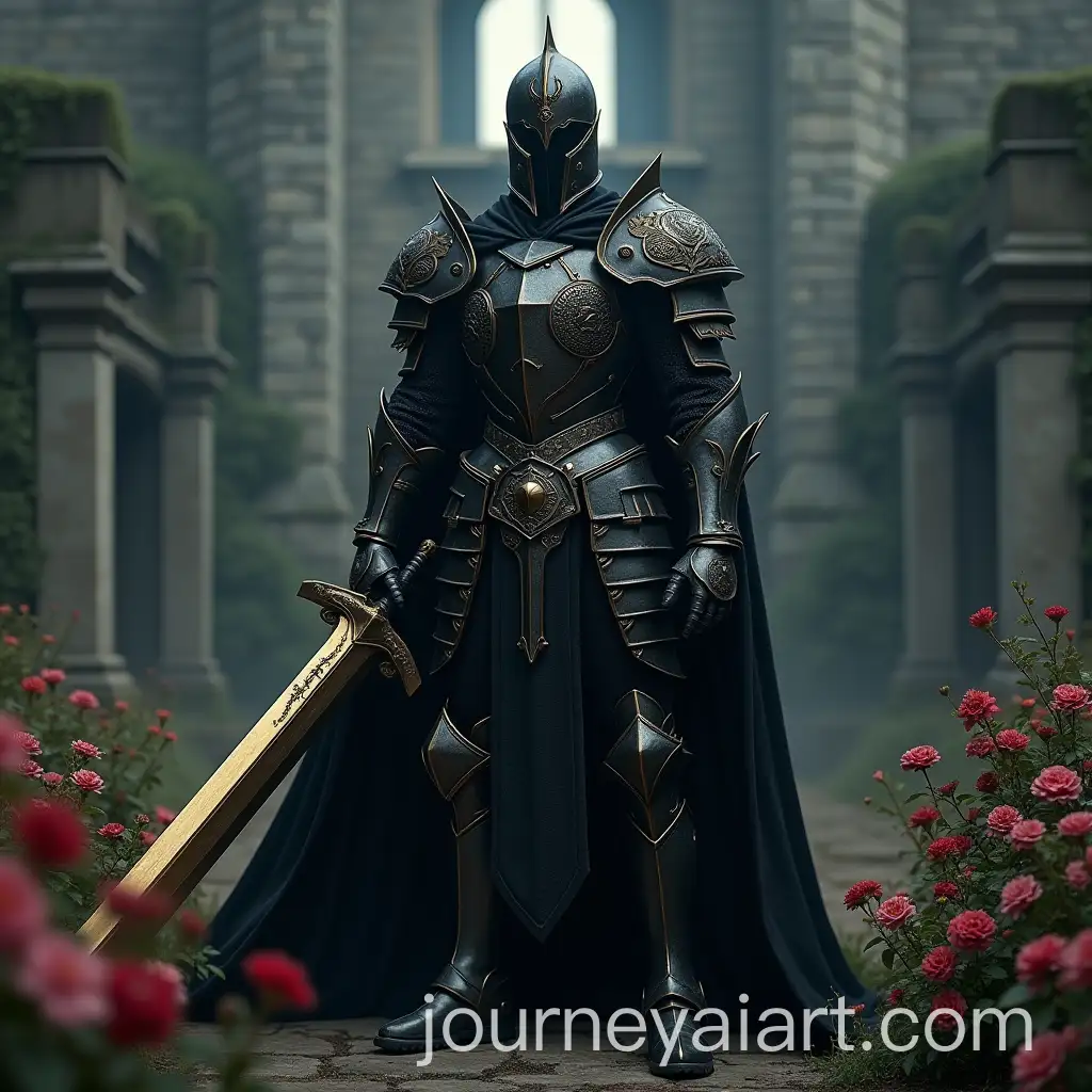 Black-Knight-withAI-Image-Prompt-Expansion-Golden-Sword-in-Front-of-Ancient-Castle
