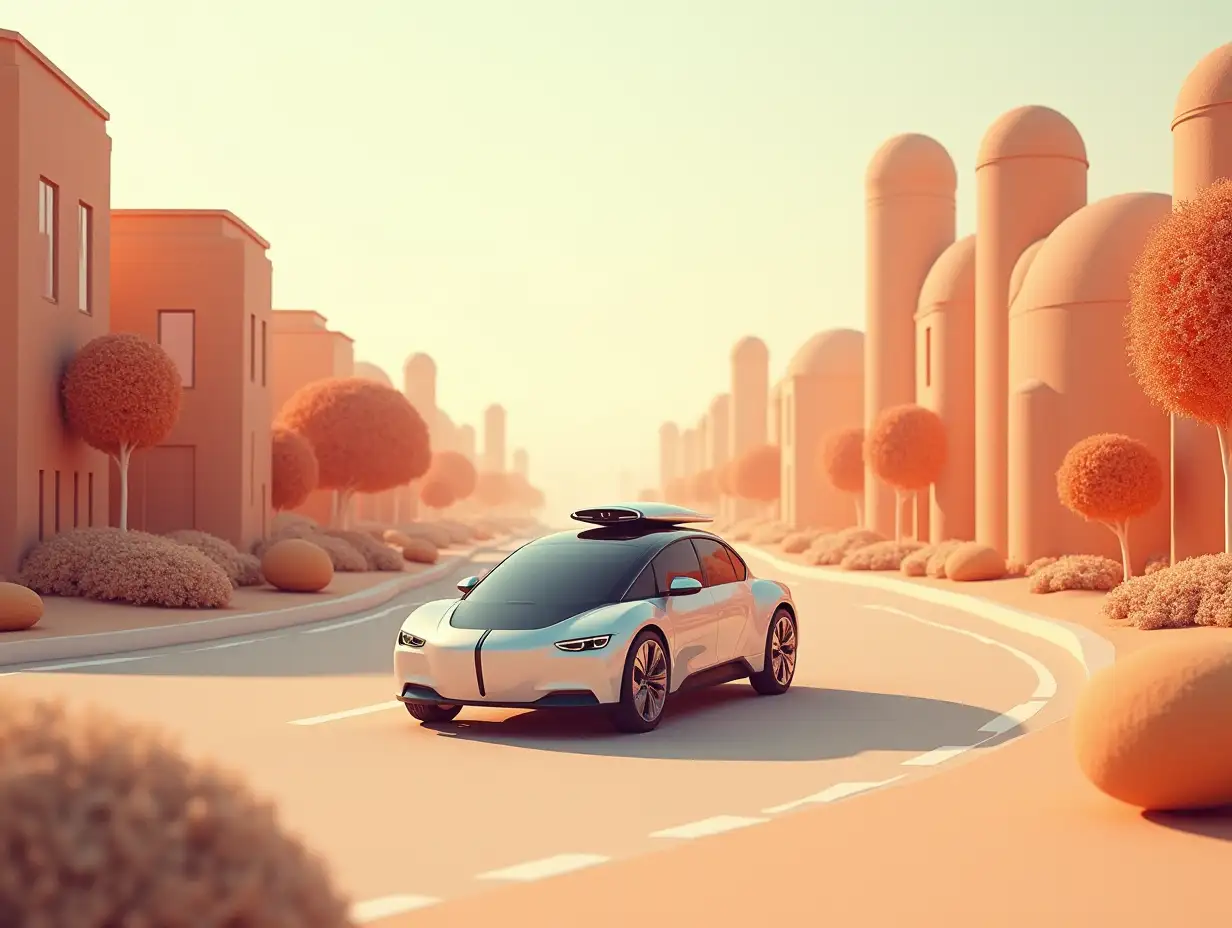 Futuristic City with SelfDriving BMW Car and Round Buildings