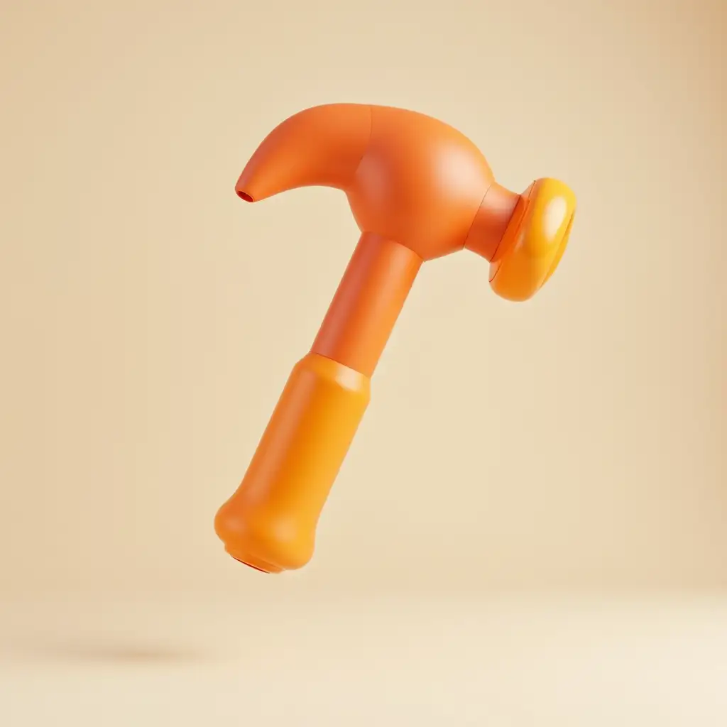 an inflatable orange construction hammer is hovering in the air, 3D, neutral background