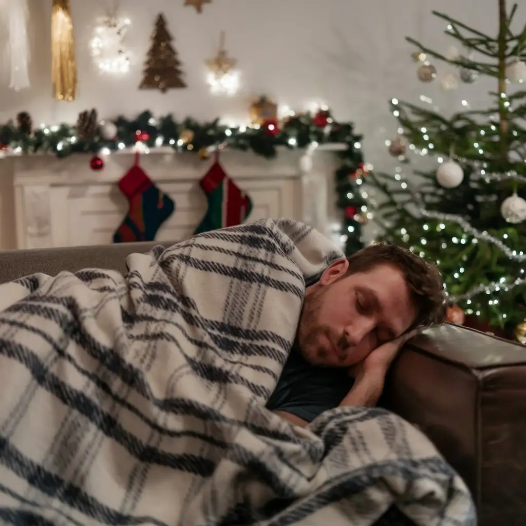 Man-Wrapped-in-Fur-Sleeping-After-New-Years-Celebration-with-Holiday-Decorations-in-the-Apartment