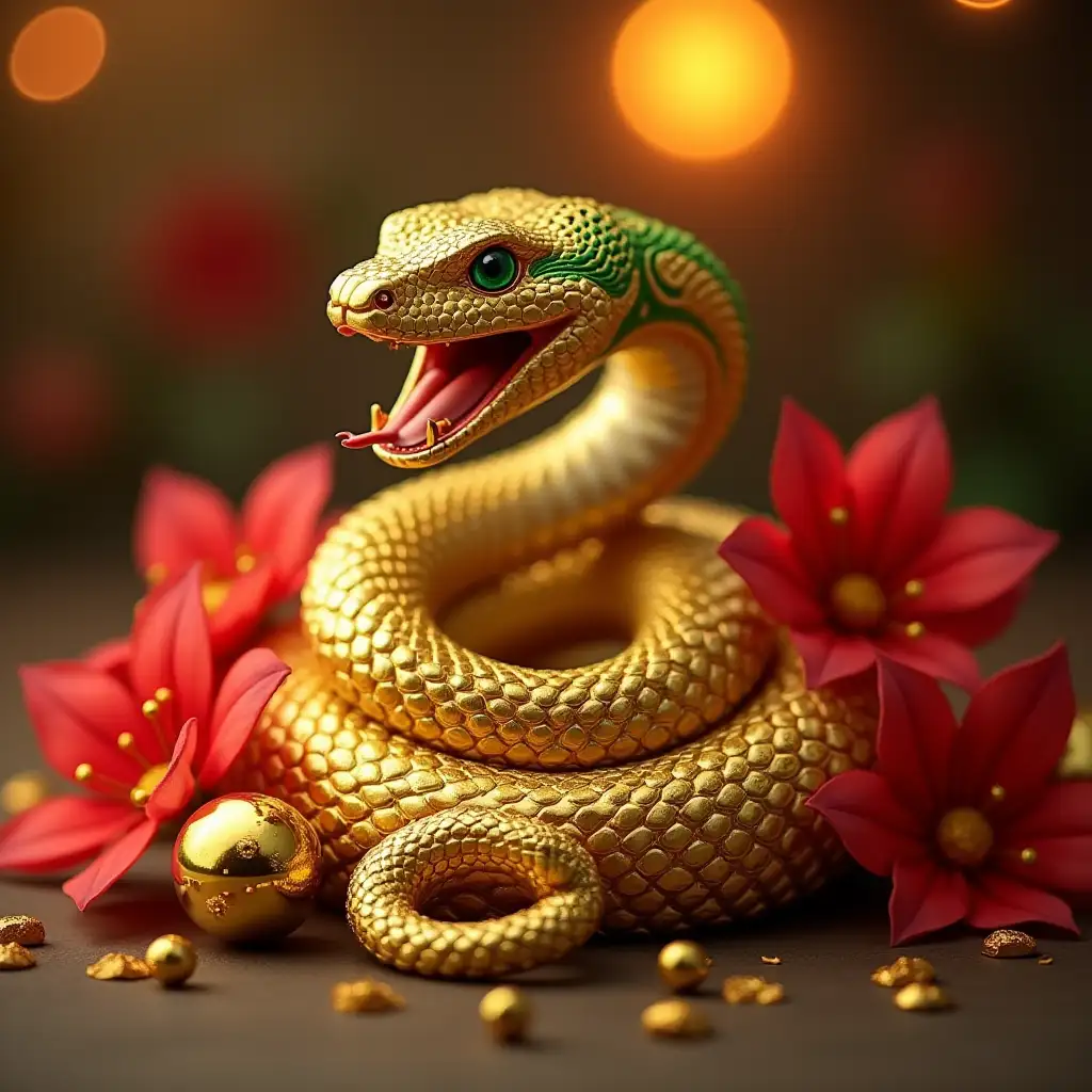 A stylized golden snake with intricate scales and bright green accents has coiled around itself, its mouth open and forked tongue out. The snake is surrounded by lush red flowers and decorative gold balls, arranged on a softly lit blurred background that highlights its glittering appearance.