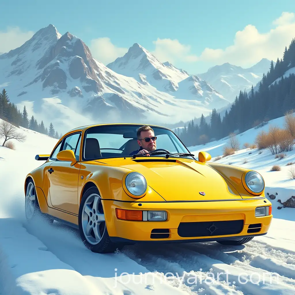 Yellow-Sports-Car-Driving-Through-Snowy-Mountain-with-Man-Smoking