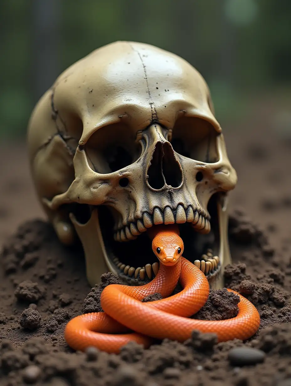 Skull half-buried in muddy soil, an orange snake comes out of the mouth