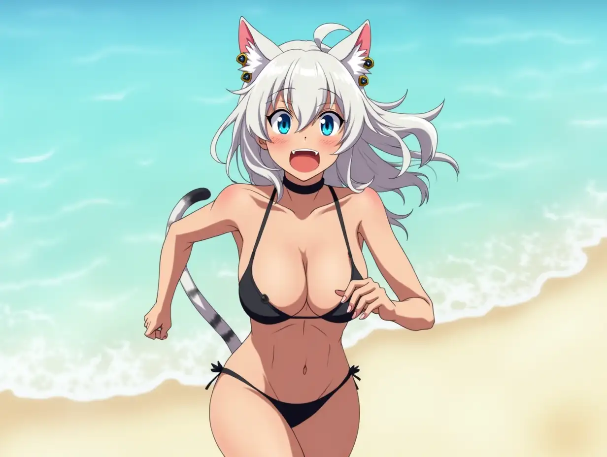 A mature adult feline/woman active running down a beach. Her 30-something years are disguised by her youthful facial features, except for her subtle wrinkles around the eyes, extremely slender body. Her ample bosom strains against her bikini, extreme cleavage.  Wearing black shoes. She has piercing blue cat eyes. A choker adorns her neck, a subtle hint at her feline nature. Her long, white hair cascades down her back like a wild waterfall, tangled and disheveled. Her cat-like teeth glint in the light, as her white fur-lined ears punctuate her visage with sparkling black and gold earring adorns each ear, adding a touch of elegance to her feline features. Cat whiskers on her face. The attached tail at the base of her spine stirs lazily.  Long fingernails. Full view. Anime.