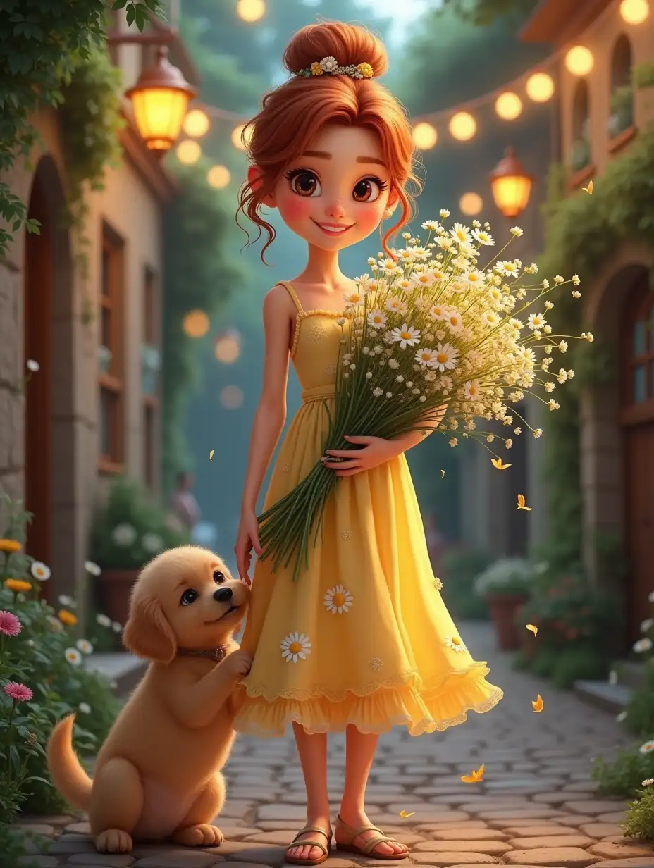 A young woman with a playful smile stands on a quaint cobblestone street, her wavy auburn hair tied in a loose bun decorated with tiny flower ornaments and fluttering ribbons. She wears a pastel-yellow sundress with embroidered daisies and holds a giant bouquet of wildflowers, petals drifting around her. Fairy lights sway gently above her, casting a magical glow in the nighttime, while a fluffy golden retriever puppy tugs at her hem, gazing up at her adoringly. She seems like a character from a modern fairy tale, radiating charm and warmth.