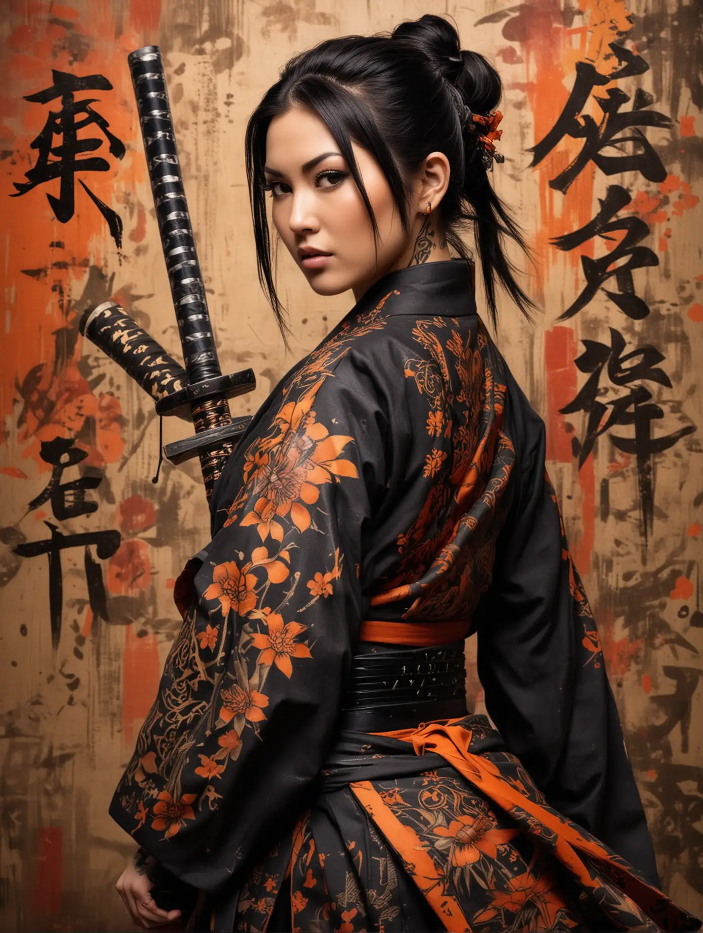 Create an image of a beautiful Maria Ozawa is cosplaying as japanese paladin with detailed facial features, standing against an abstract painted background with brush strokes and Asian characters. She is dressed in a traditional garment with orange and black hues, a long katana samurai strapped on her back, and her shoulder adorned with intricate text tattoos.