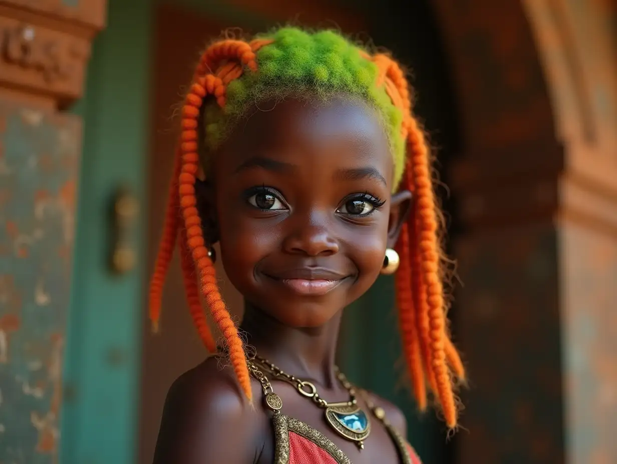 young black girl with alien face, with orange-green striped hair, with a slight smile on her face, highlighting her smile, modern retro jewelry, in a temple with rust and various shades of 4k