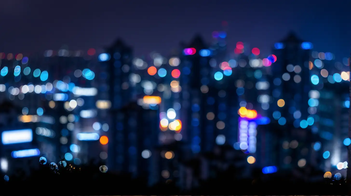 Cityscape at Night with Small Bokeh Lights in Dark Blue Hue