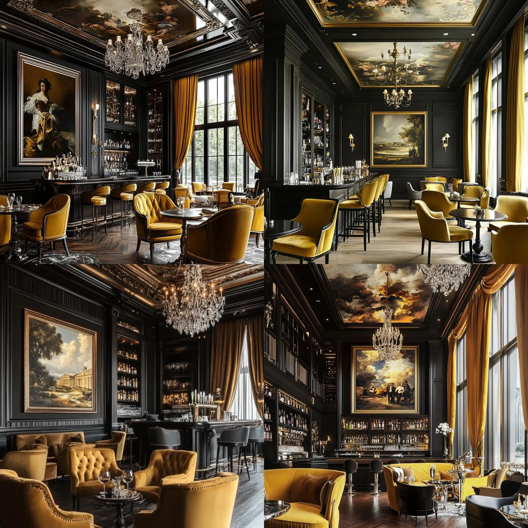 Contemporary-Classic-Wine-Bar-with-Vintage-Silver-Accents-and-Framed-Ceiling-Art
