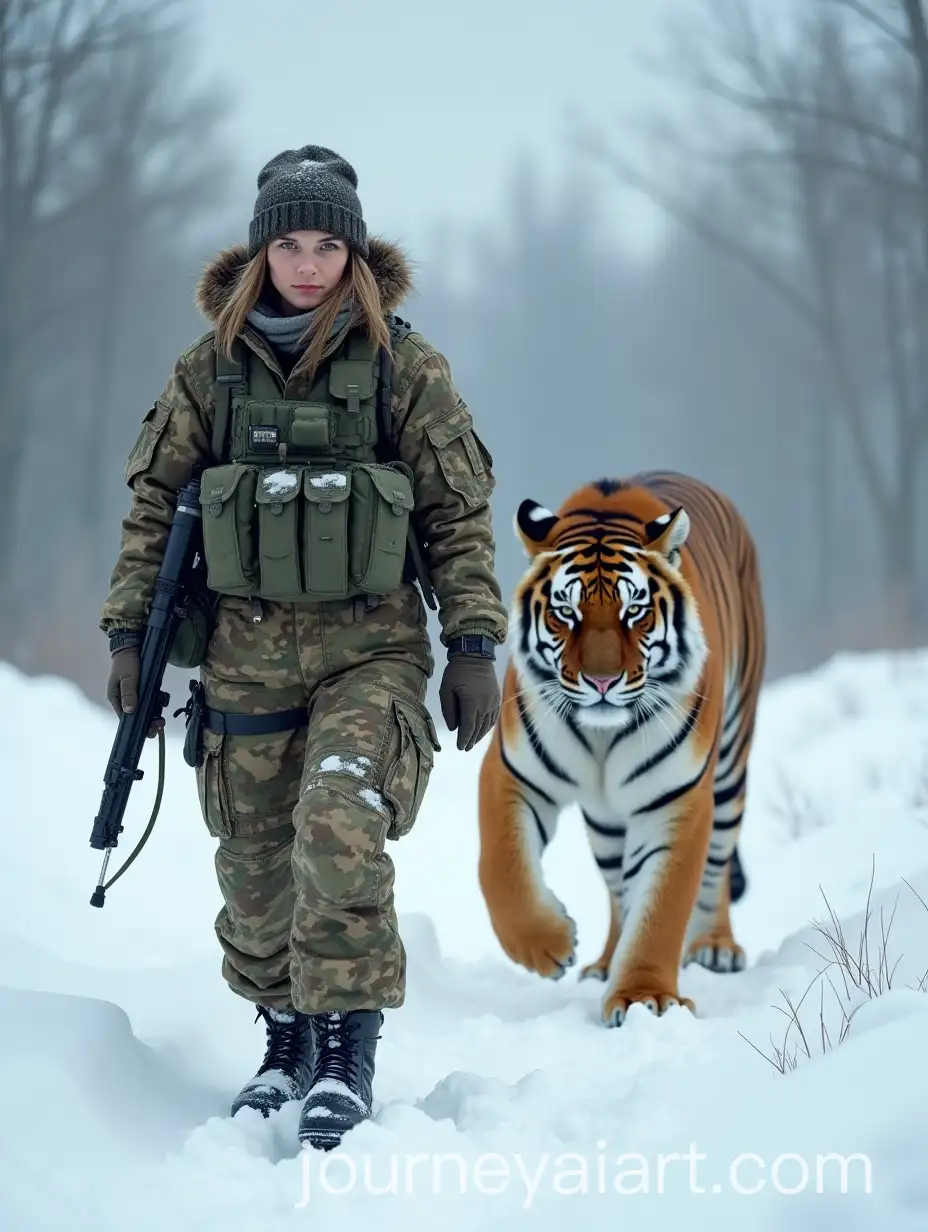 Russian-Female-Soldier-with-Siberian-Tiger-Marching-Through-Snowy-Wilderness