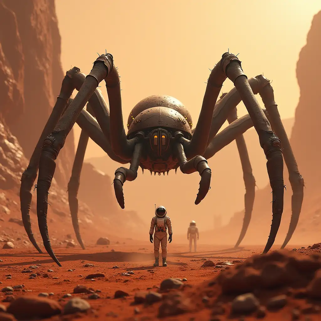 A hyper-realistic, ultra-high-definition depiction of a terrifying scene on the surface of Mars, featuring colossal, alien-like spiders. The Martian landscape is vast and desolate, with its signature red, dusty terrain stretching into the horizon. Towering rock formations and swirling dust storms add a dramatic backdrop. The spiders have massive, armored exoskeletons with sharp, metallic-looking legs that pierce the ground as they move. Their bodies are adorned with glowing bioluminescent patterns, pulsating faintly, and their many eyes shimmer ominously, reflecting the dim, reddish light of the Martian sky. Small NASA rovers or human explorers in space suits stand frozen in the foreground, dwarfed by the sheer size of the arachnids, creating a sense of dread and awe. The atmosphere is tense and surreal, combining science fiction horror with the eerie beauty of the Martian landscape.