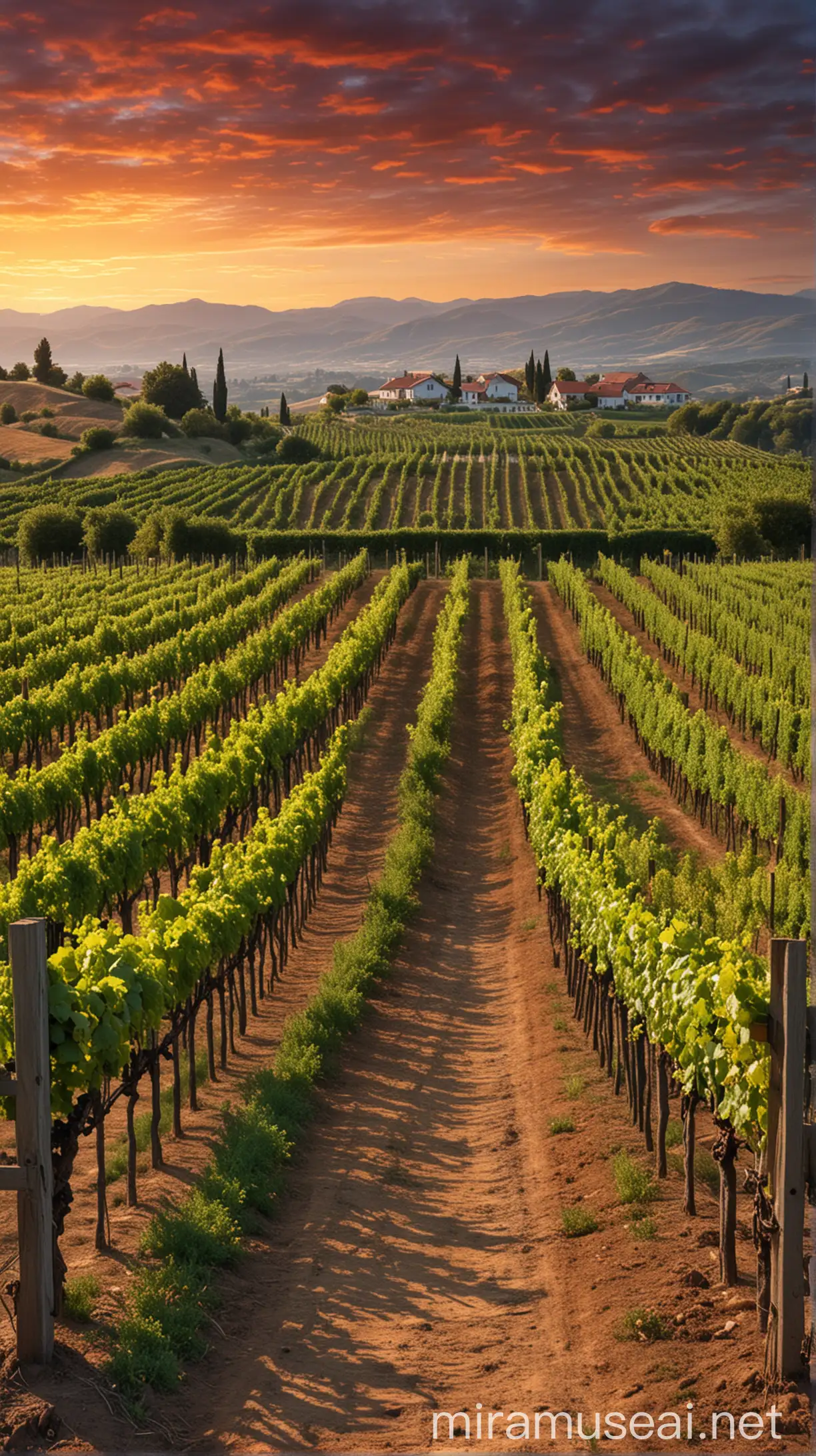 Serene Vineyard Landscape at Sunset or Sunrise with Lush Grapevines and Rolling Hills