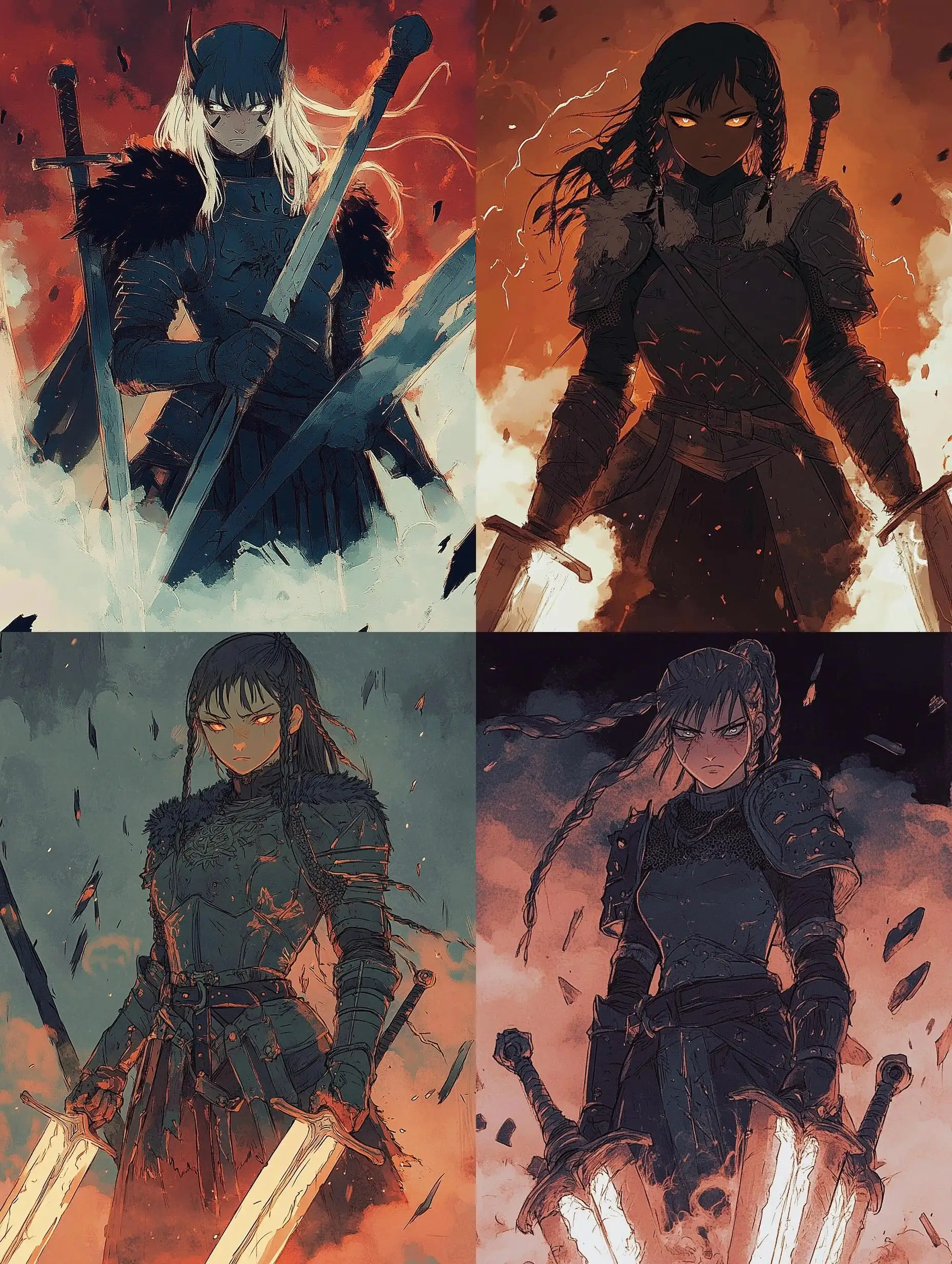 Fierce-Female-Warrior-on-a-SmokeCovered-Battlefield-with-Glowing-Swords