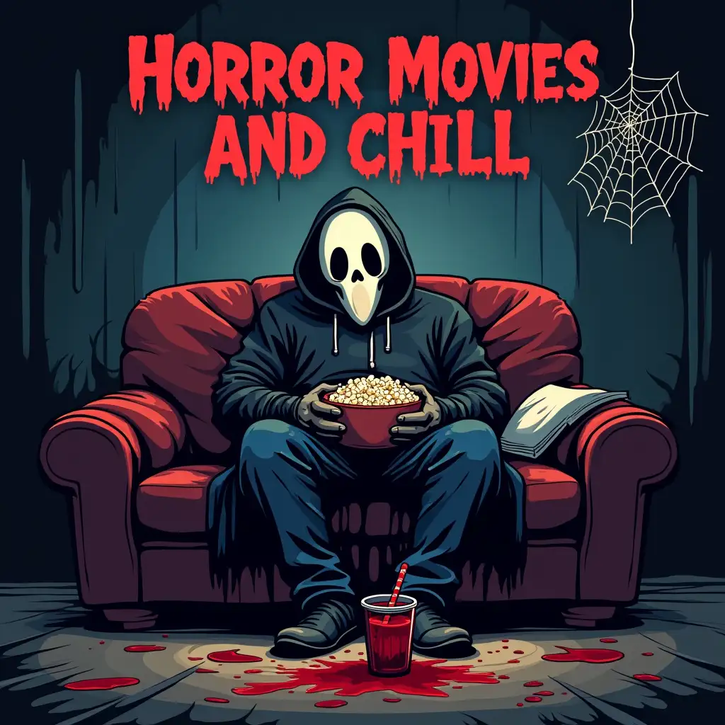 Vector illustration. The text 'Horror Movies and Chill' above it. Ghostface, the iconic horror movie villain, sitting on a couch and enjoying a bowl of popcorn. A drink with a red liquid spills onto the floor, and a spider web hangs above the couch.The room's background is gloomy and very scary.