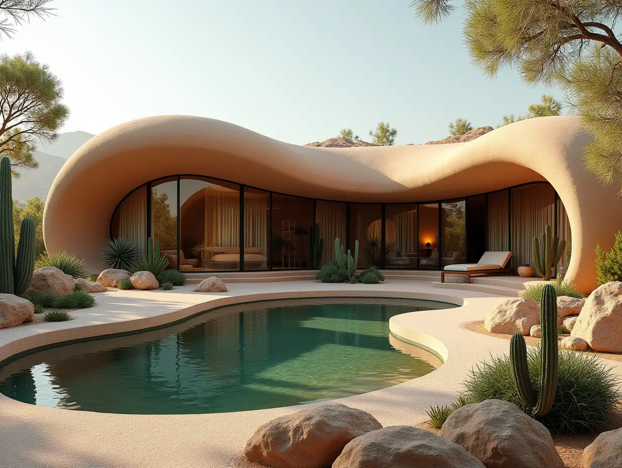 Curvilinear house with pond in the desert in brown-with plaster the roof is overgrown with plants in the form of plant ornaments, large windows with glass to, curved smooth window shapes, winding large entrance stairs cacti, rocks complex curved roof light shades.