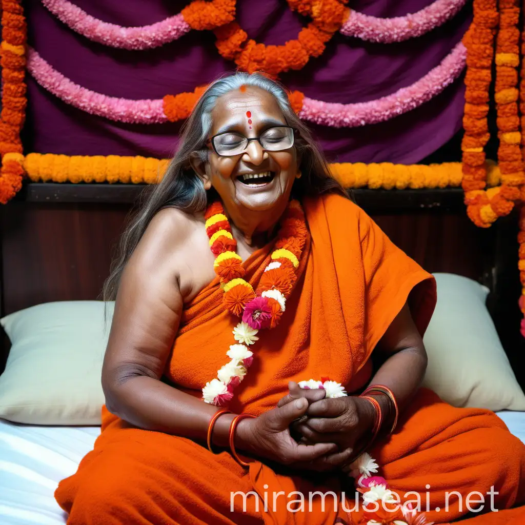 Laughing Hindu Monk Woman with Goat and Flower Garlands in Ashram Bed at Night