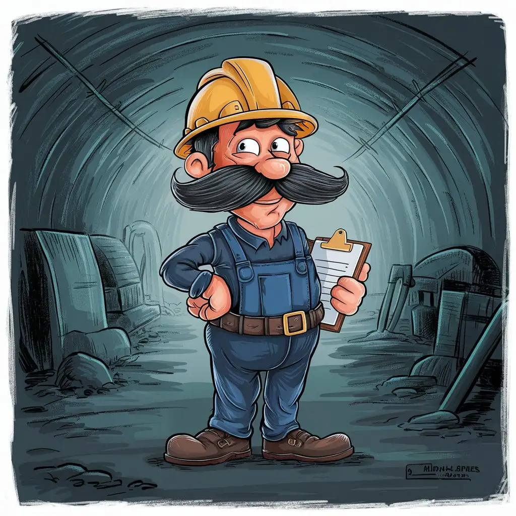 Cartoon Coal Miner with Mustache and Hard Hat Holding Clipboard