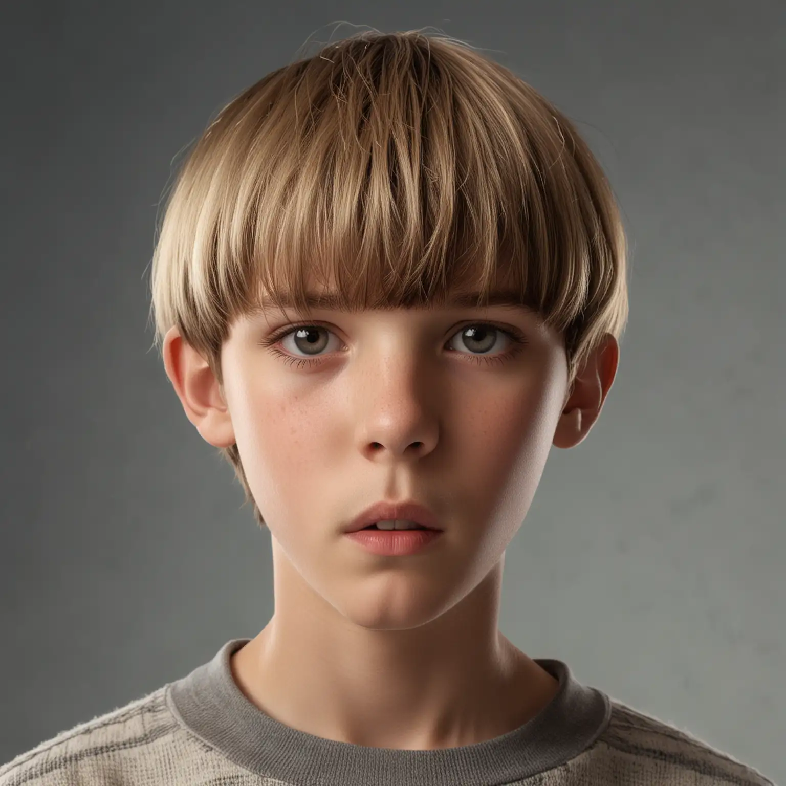 Studio Quality Portrait of ElevenYearOld Boy with Shiny Bowl Cut Hair