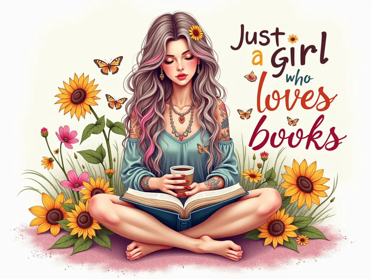 Vintage, vector, Watercolor art. Create a hyperrealistic illustration of a young woman sitting cross-legged, deeply engrossed in a book. She has long, flowing hair with vibrant pastel colors, accentuated by floral accents woven into her hair. Her skin is adorned with intricate tattoos, showcasing a variety of artistic designs. The woman holds a coffee cup in one hand, while the other gently cradles the book. Surround her with a lush backdrop of bright sunflowers, delicate butterflies, and colorful blooms, creating a vibrant atmosphere. Incorporate a sprinkle of pink glitter around the edges for a whimsical touch. The text 'Just a girl who loves books' should be bold and playful, artistically integrated into the scene, using a mix of typography that captures the essence of youth and creativity. The overall color palette should be warm and inviting, blending soft pastels with rich, vibrant hues.