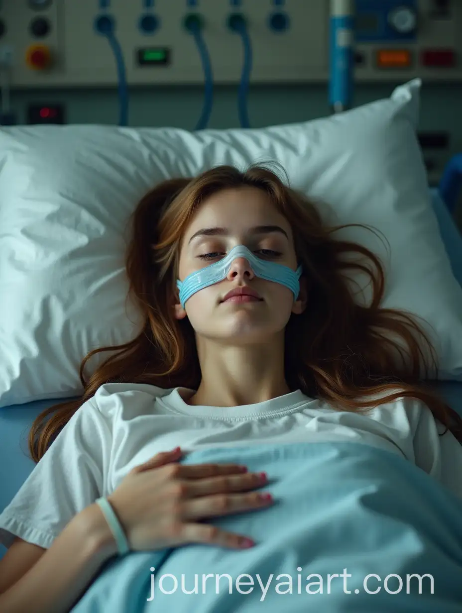 Young-Woman-in-Hospital-Bed-with-Oxygen-Mask-Unconscious