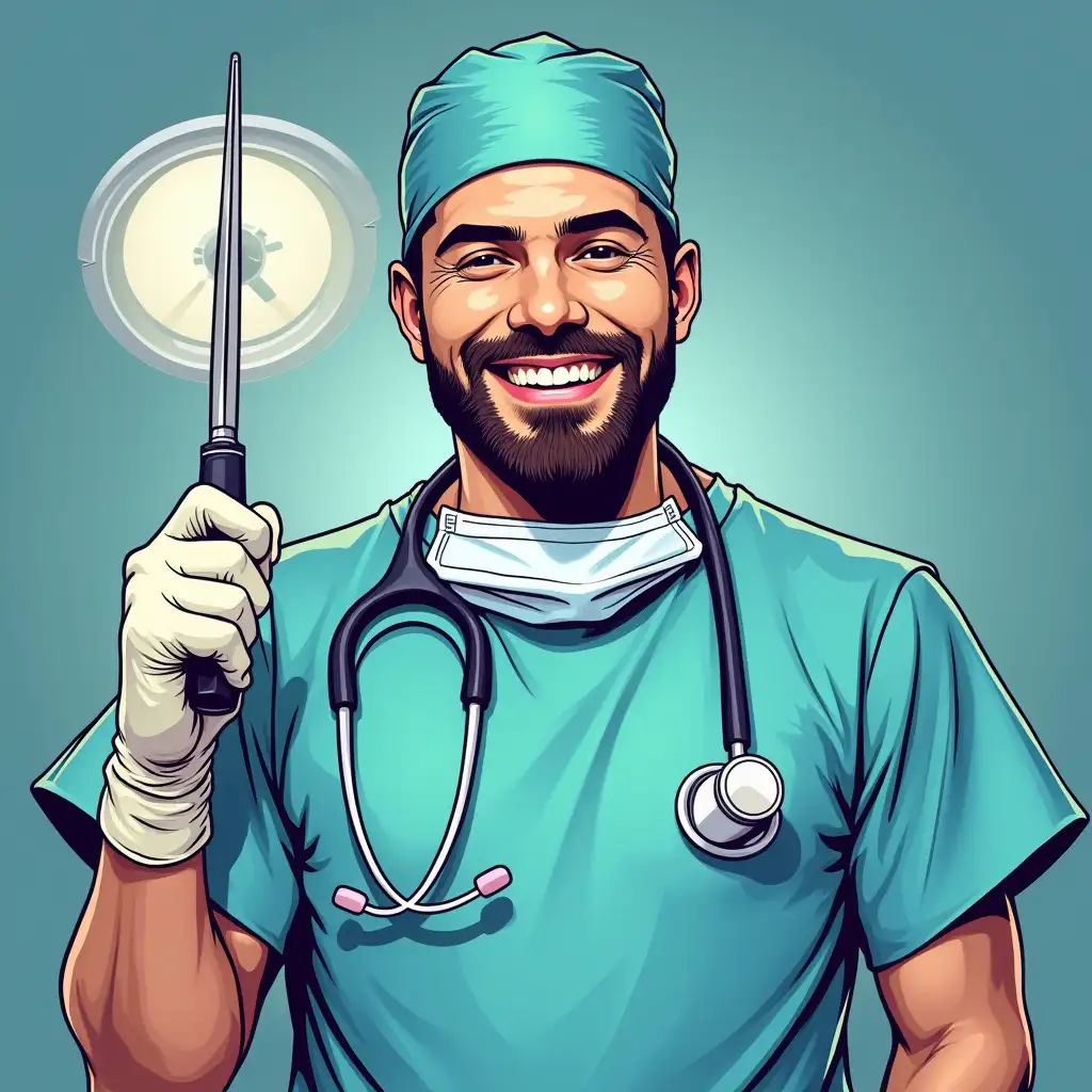 A male surgeon in pop art style with a light smile and holds a scalpel in the operating room