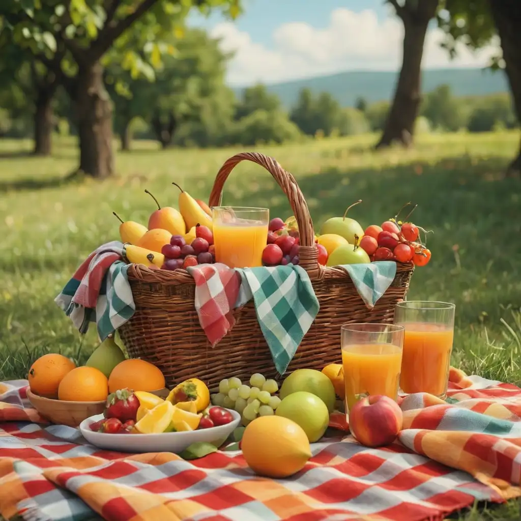 Design a flawless background for a fruit juice brand that showcases a refreshing outdoor picnic scene. Include a checkered blanket, a basket of assorted fruits, and glasses of fruit juice. The background should be bright and cheerful, with high-definition details and vibrant colors that evoke a sense of joy and freshness