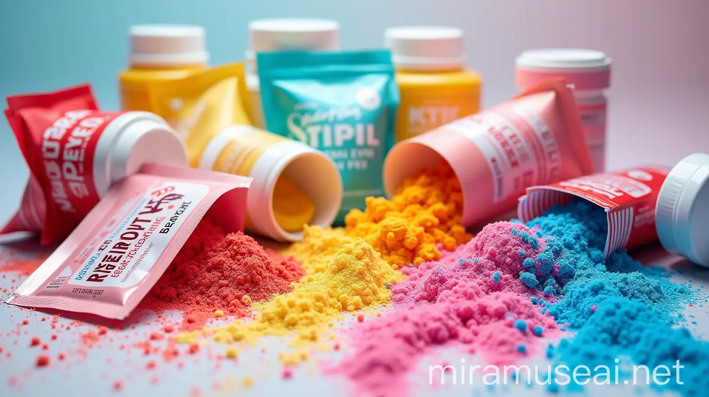 Colorful Medicinal Electrolytes Display with Crystals and Powders