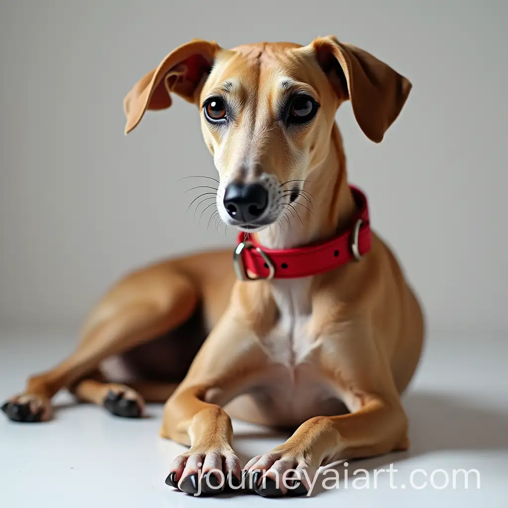 Timid-Whippet-Curled-Up-with-Shiny-Red-Collar