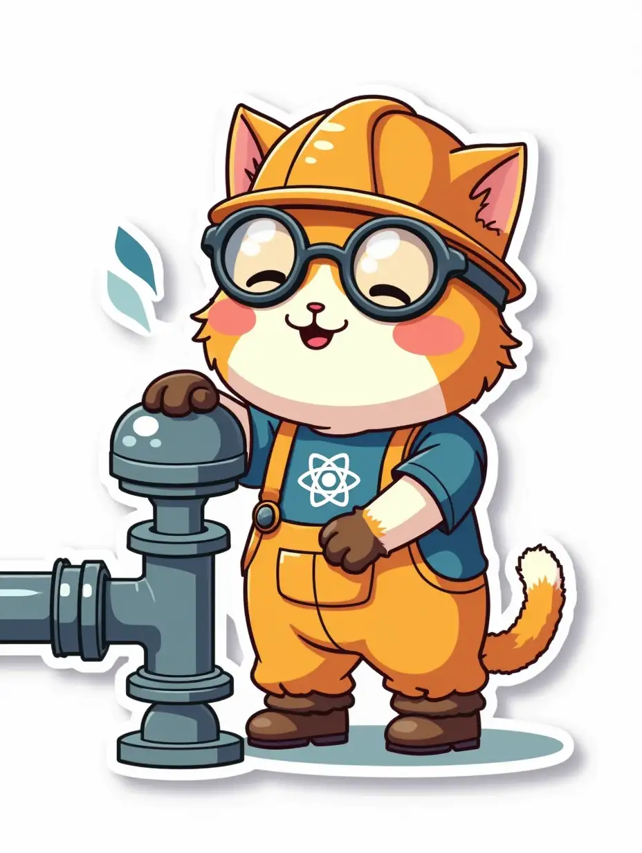 kawaii positive little happy light cat in the image of an industrial worker with overalls, protective gloves, work boots and protective work glasses with an atom symbol on t-shirt, screws the large valve of the water tap on the pipeline. Die cut sticker design top-view, high resolution, vector art, white background, paint in anime style