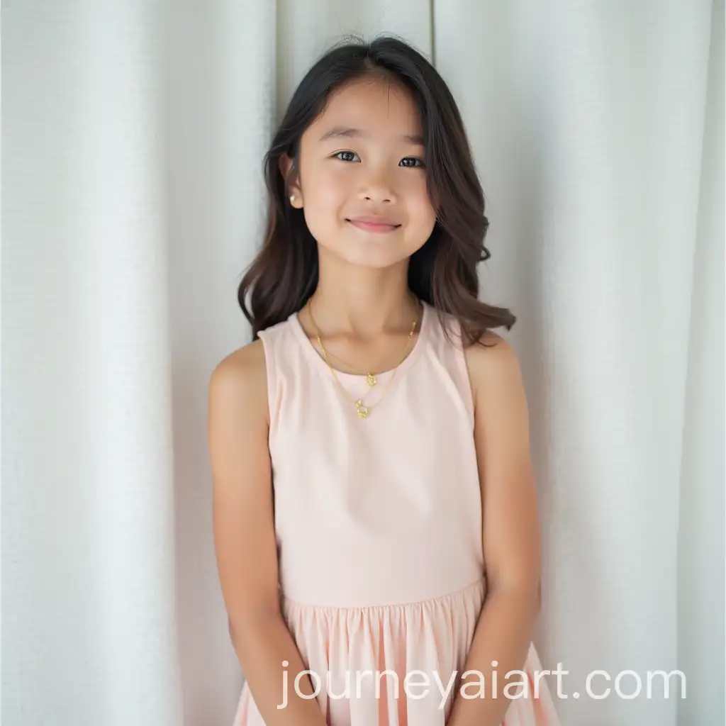 Young-Woman-in-Light-Pink-Sleeveless-Dress-Posing-Against-White-Concrete-Wall