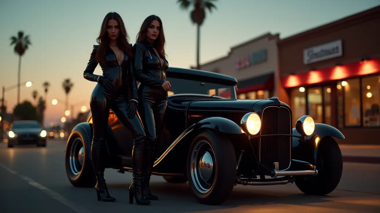 Two-Women-in-Black-PVC-Outfits-by-a-Ford-32-Hot-Rod-on-a-Californian-Street-at-Dusk