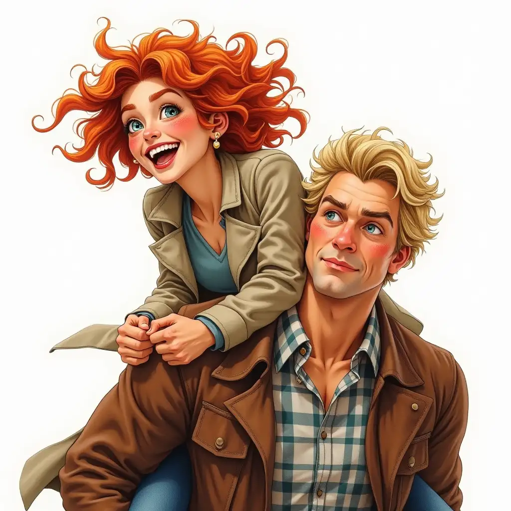 watercolor, acrylic, random pose, Tom Burke style, a young woman laughing with curly red hair, green eyes and freckles wearing a long trench coat being carried on the back of a very muscular thick man with medium length blonde hair, brown eyes, wearing a plaid shirt and brown leather jacket