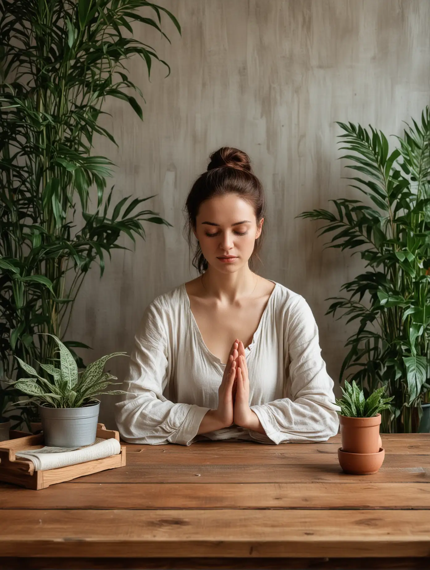 Meditating-at-Wooden-Table-with-Plants