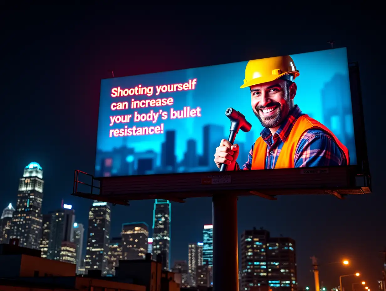 A massive billboard illuminated by vibrant neon lights, featuring a construction worker in a yellow hard hat and an orange safety vest. The worker is smiling and holding a hammer, with the text 'Shooting yourself can increase your body's bullet resistance!' displayed in bold, glowing letters. The background of the billboard showcases a city skyline at night, with the neon lights casting colorful reflections on nearby buildings.